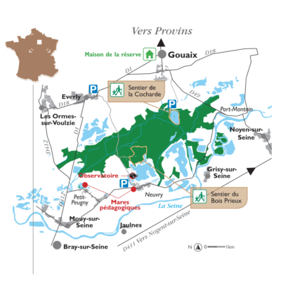 Carte des sentiers de découverte de la Réserve Naturelle Nationale de la Bassée, proche de Provins