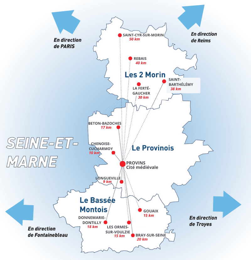 Carte de la région de Provins, Provinois, Bassée-Montois et Vallées des 2 Morin